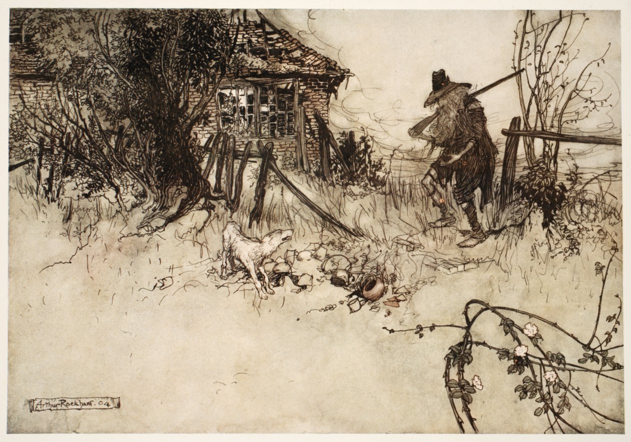 Našel dům v rozkladu? Můj pes, povzdechl si chudák Rip, na mě zapomněl., od Rip Van Winkle od Washington Irving, hospoda. 1910 od Arthur Rackham