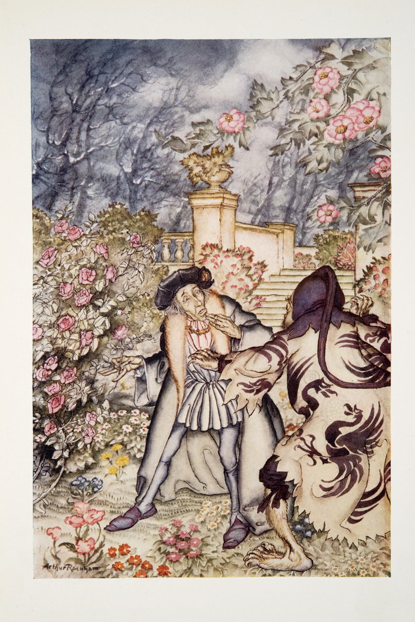 Slyšel hlasitý zvuk a viděl, jak se k němu blíží zvíře, na pohled tak děsivé, že byl připraven omdlít strachy, z hospody The Arthur Rackham Fairy Book. 1933 od Arthur Rackham
