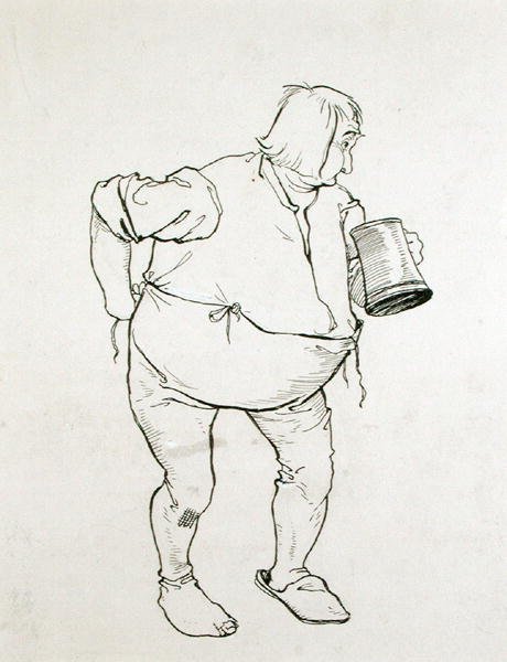 „Meditoval mocný průvan: jedna ruka tápala se svými štítky, zatímco druhá byla natažena při uchopení Jorum“, ilustrace z The Ingoldsby Legends, or Mirth and Marvels‘, vydané v roce 1898 (pero a inkoust na papíře) od Arthur Rackham