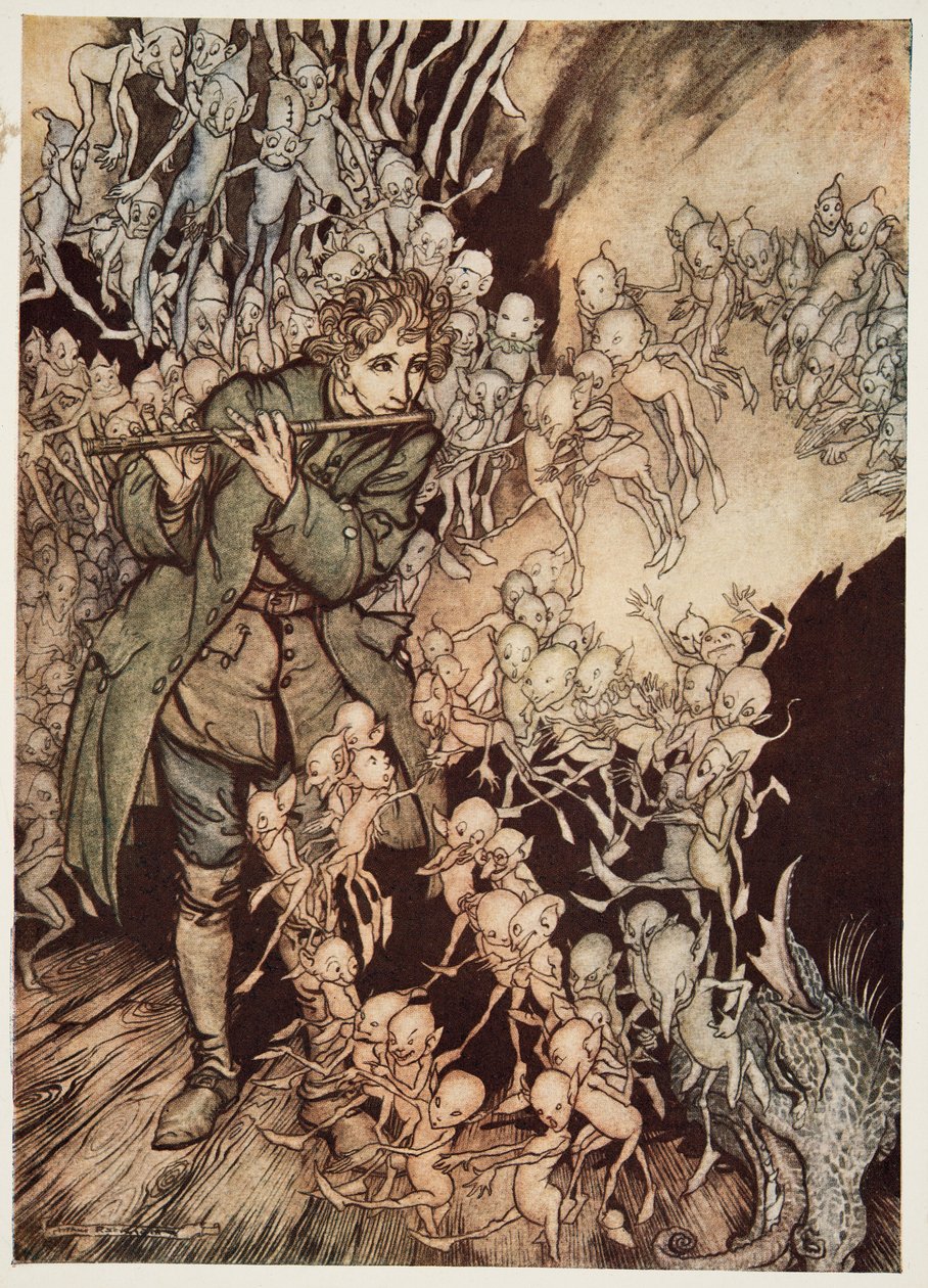 Hrál, dokud nebyla místnost zcela zaplněna trpaslíky, z hospody Bratr a sestřička a Jiné příběhy bratří Grimmů. 1917 od Arthur Rackham
