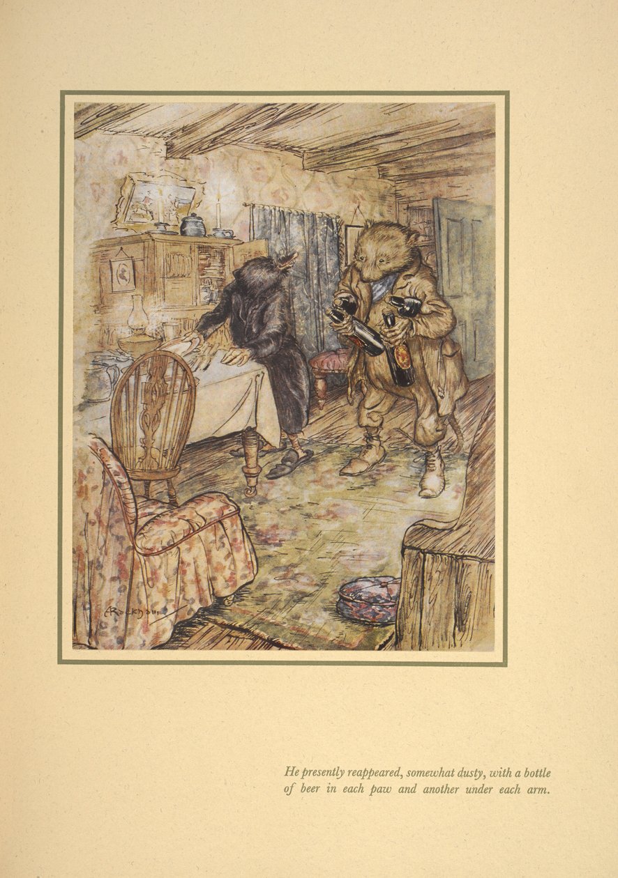 Vzápětí se znovu objevil, poněkud zaprášený, s lahví piva v každém pivu pod paží.“ od Arthur Rackham