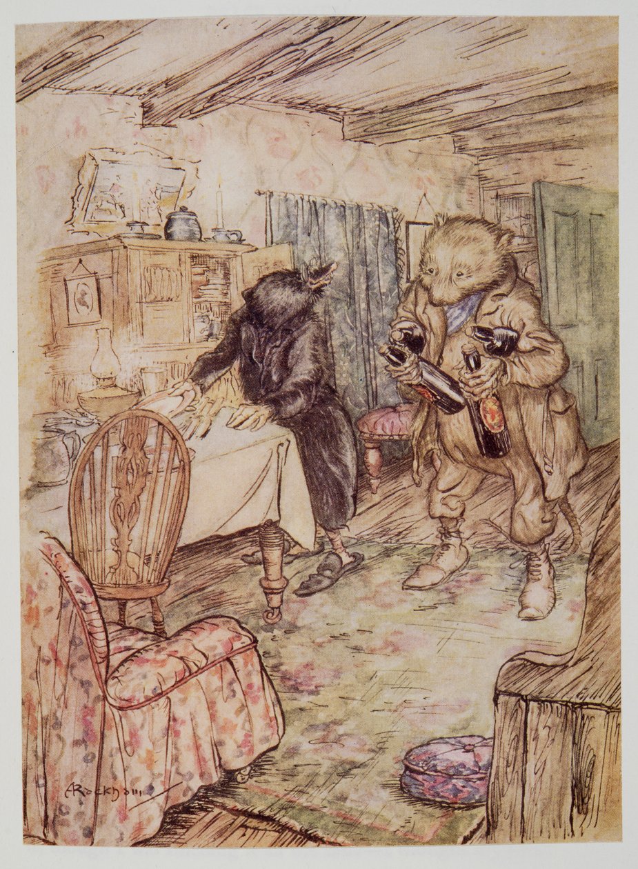 Vzápětí se znovu objevil, poněkud zaprášený, s lahví piva v každé tlapce a další pod paží, z hospody Wind in the Willows od Kennetha Grahama (1859 - 1932). 1940 od Arthur Rackham