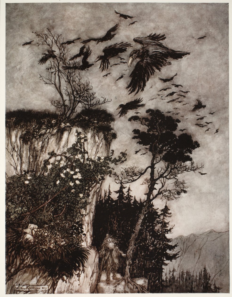 Odpovědělo mu pouze hejno nečinných vran., od Rip Van Winkle od Washington Irving, hospoda. 1910 od Arthur Rackham