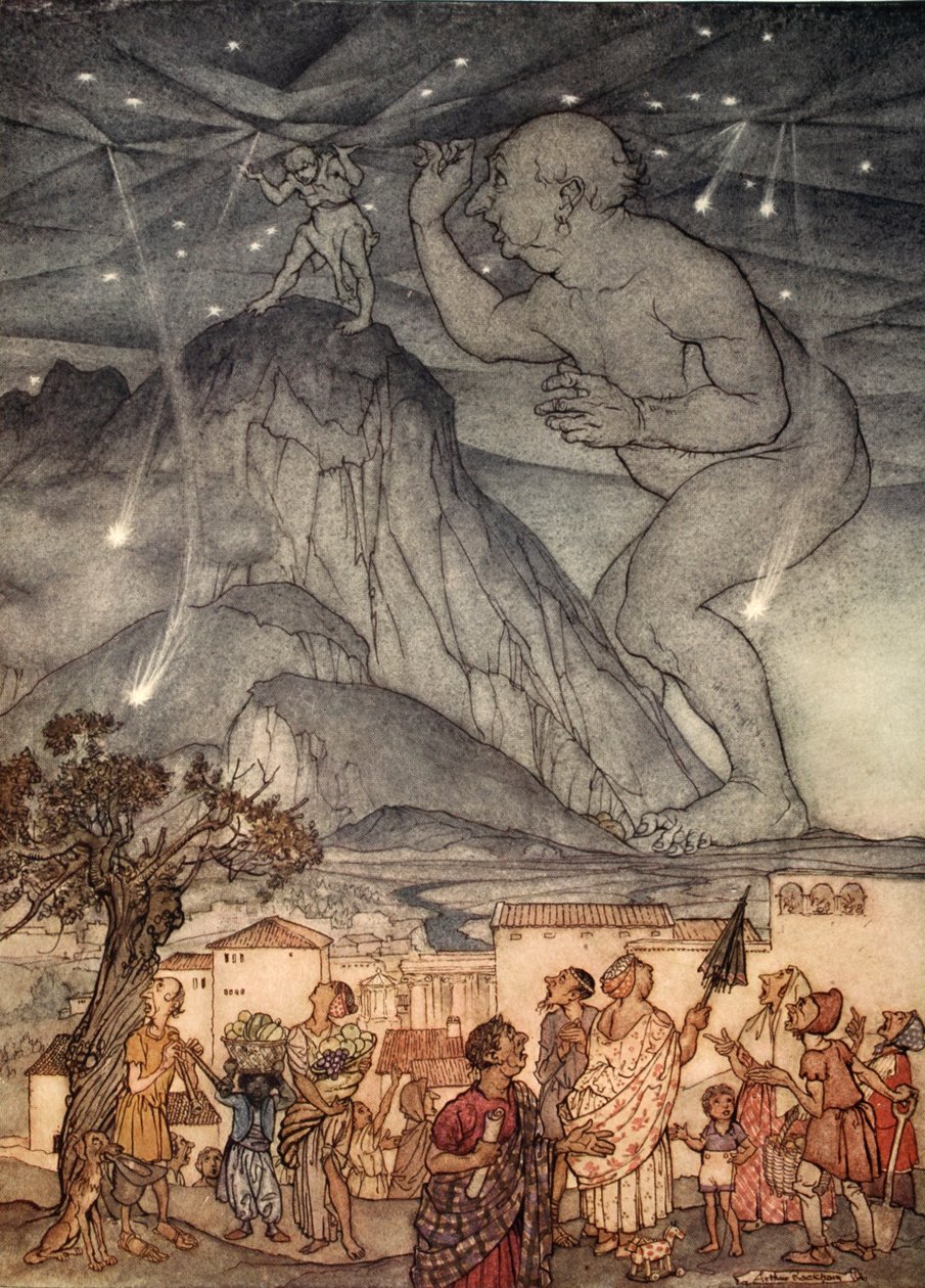 Herkules pokrčil rameny, ilustrace z knihy "Zázračná kniha pro dívky a chlapce" od Nathaniela Hawthorna, 1928. od Arthur Rackham