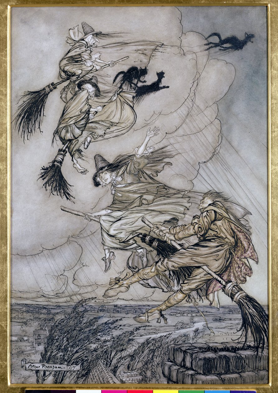 Ahoj! Vzhůru do komína! Hey After you!, ilustrace v The Ingoldsby Legends of Mirth and Marvels, 1907 (pero a inkoust s wc na papíře) od Arthur Rackham