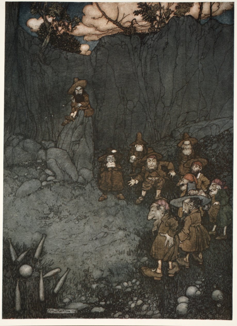 Jeho otec je viděl v jejich starých holandských šatech hrát na kuželky, z hospody Rip Van Winkle od Washingtona Irvinga. 1910 od Arthur Rackham