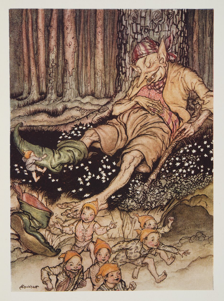 Hop-o-my-palec se tiše zvedl ke zlobrovi a zul si jeho sedmiligové boty z hospody The Arthur Rackham Fairy Book. 1933 od Arthur Rackham