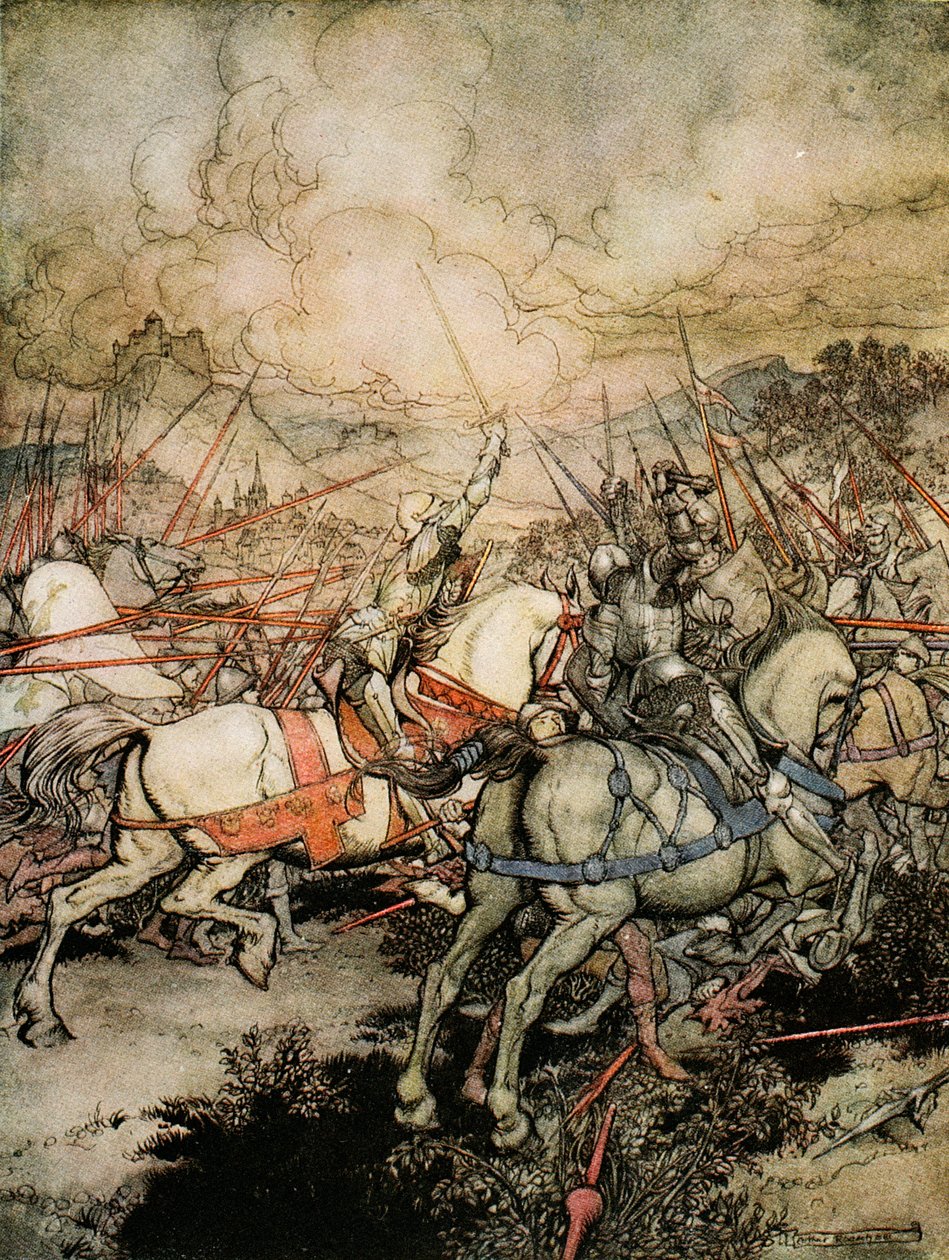 Jak Arthur poprvé vytasil svůj meč, Excalibur, ilustrace z „Romantika krále Artuše a jeho rytířů kulatého stolu“ od Alfreda W. Pollarda, 1910 od Arthur Rackham