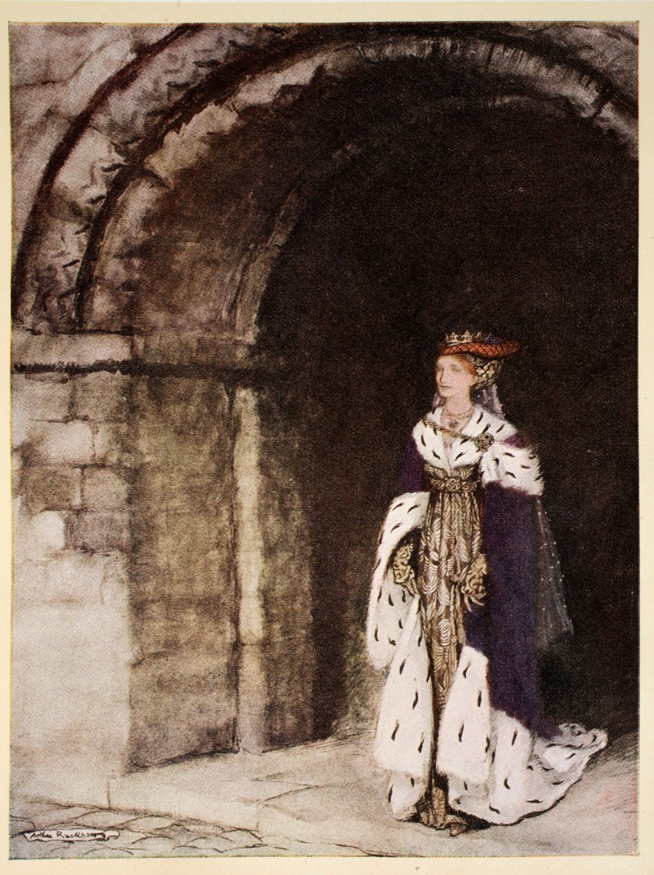Jak se Dame Lionesse objevila nastrojená jako princezna, ilustrace z „Romantika krále Artuše a jeho rytířů kulatého stolu“ od Alfreda W. Pollarda, 1910 od Arthur Rackham