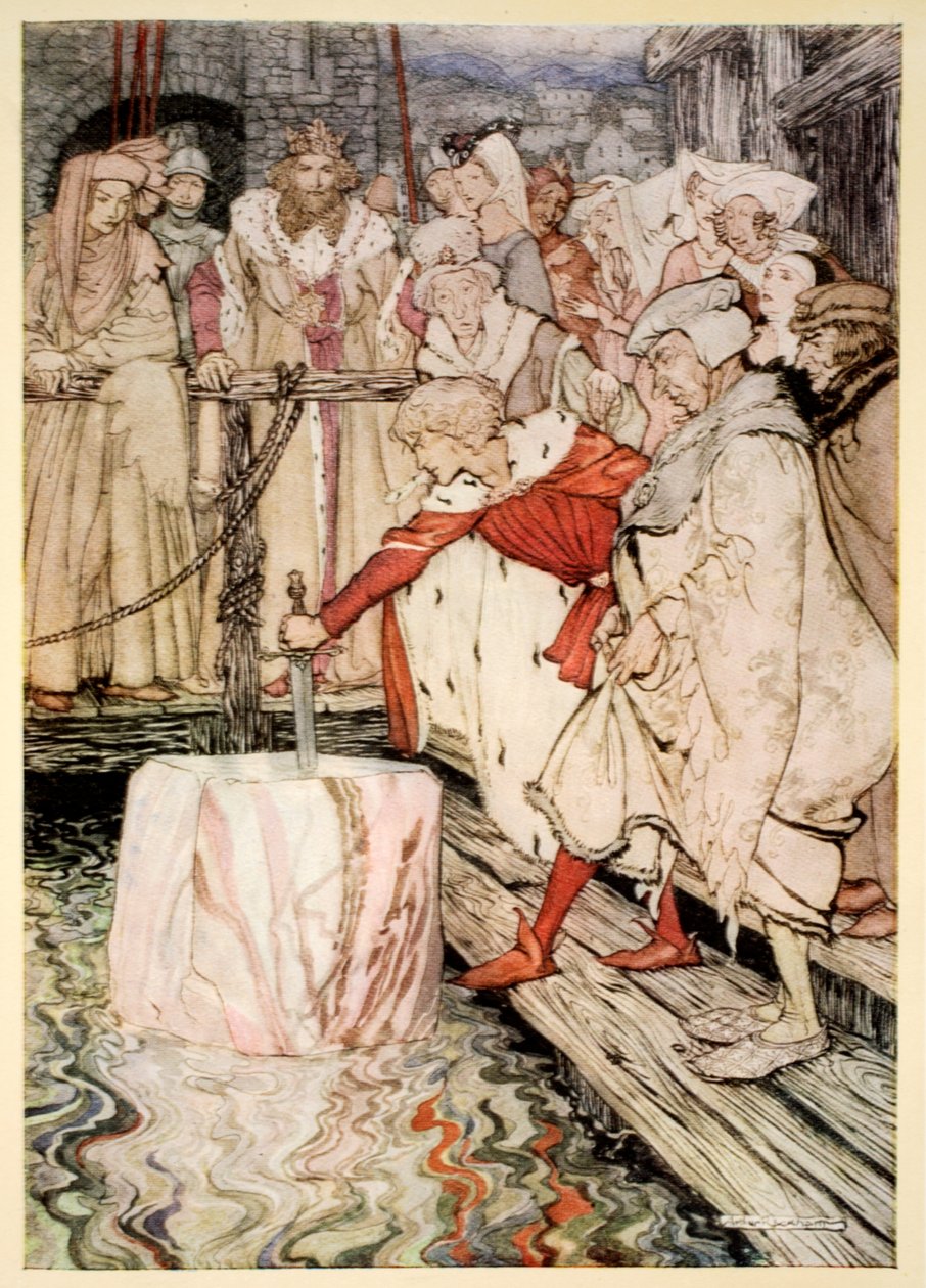Jak Galahad vytáhl meč z plovoucího kamene v Camelotu, ilustrace z „Romantika krále Artuše a jeho rytířů kulatého stolu“ od Alfreda W. Pollarda, 1910 od Arthur Rackham