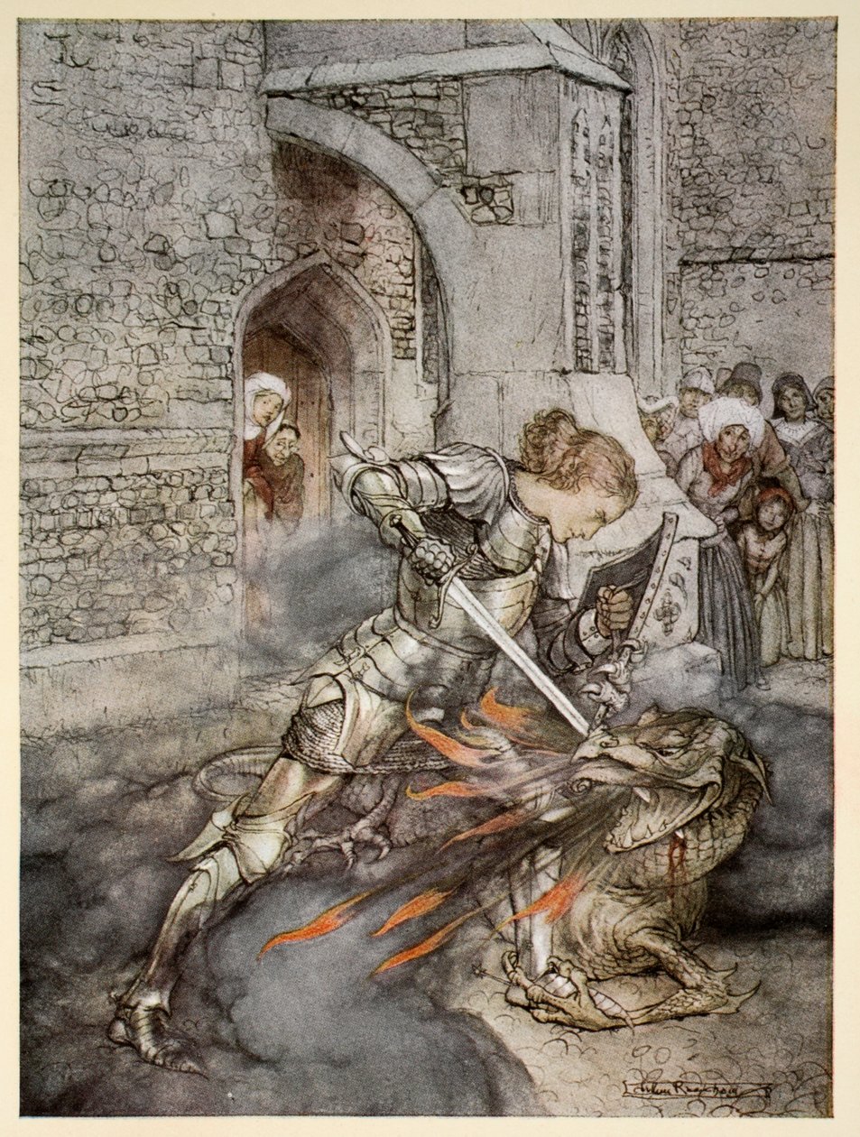 Jak sir Lancelot bojoval s přátelským drakem, ilustrace z „Romantika krále Artuše a jeho rytířů kulatého stolu“ od Alfreda W. Pollarda, 1910 od Arthur Rackham