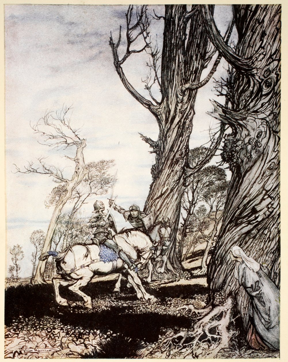 Jak sir Launcelot zabil rytíře sira Perise de Forest Savage, který trápil dámy, dámy a gentlemanky, ilustrace z „Romance krále Artuše a jeho rytířů kulatého stolu“ od A. od Arthur Rackham