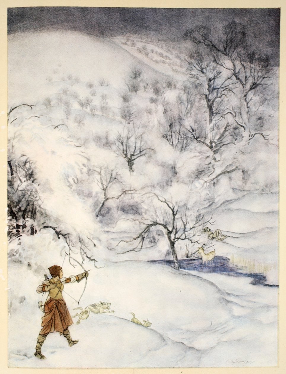 Jak byl sir Launcelot zastřelen džentlmenou na lovu, ilustrace z „Romantika krále Artuše a jeho rytířů kulatého stolu“ od Alfreda W. Pollarda, 1910 od Arthur Rackham
