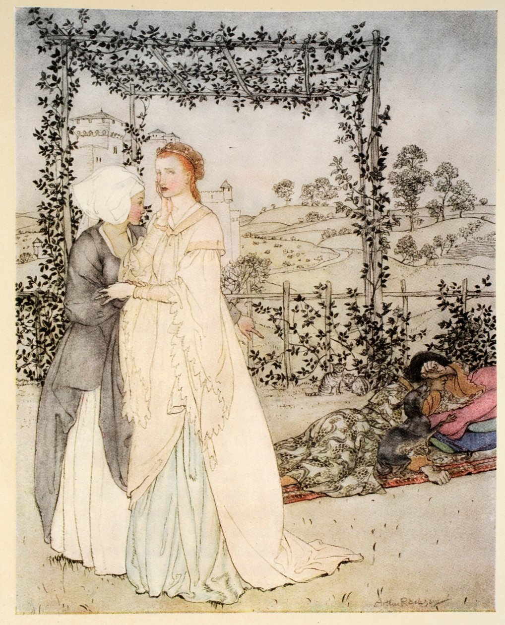 Jak poznal Tristrama podle malého brachetu v zahradě hradu krále Marka, ilustrace z „Romance krále Artuše a jeho rytířů kulatého stolu“ od Alfreda W. Pollarda, 1910 (barva l od Arthur Rackham