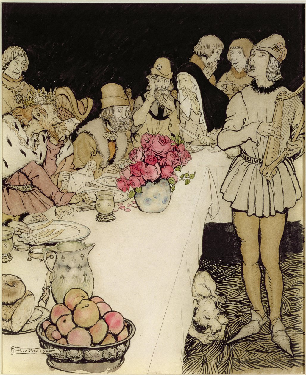 Jak na velkou hostinu, kterou uspořádal král Marek, přišel harfeník Eliot a zazpíval lež, kterou udělal Dinadan (pero a inkoust, wc) od Arthur Rackham