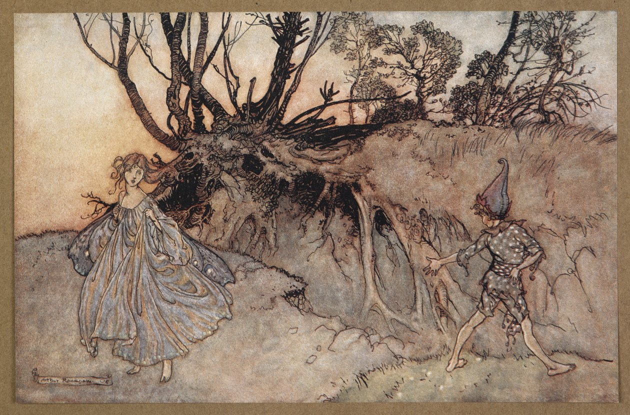 „Jak teď, duchu! "Kam se touláš?" Puk a víla. Scéna ze „Snu noci svatojánské“. od Arthur Rackham