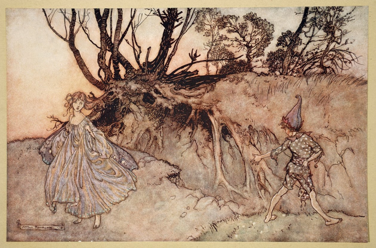 Jak nyní duch! Wither Wander You, ilustrace ze „Snu nocí svatojánských“ od Williama Shakespeara, 1908 od Arthur Rackham