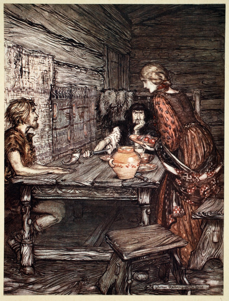 „Hunding objevuje podobnost mezi Siegmundem a Sieglundem“, 1910. od Arthur Rackham