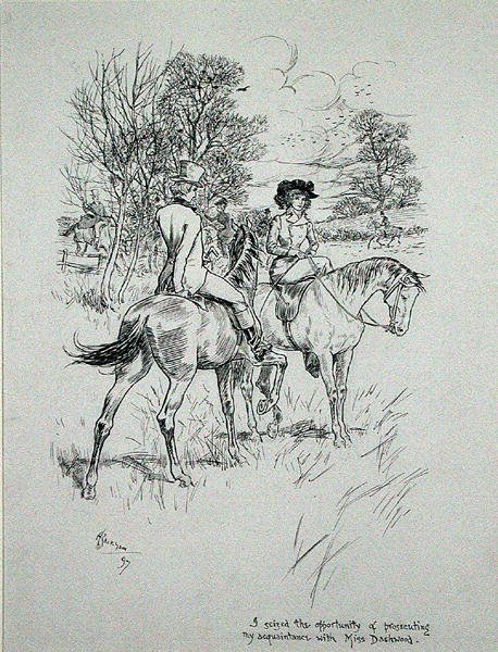 "Využil jsem příležitosti a navázal známost se slečnou Dashwoodovou", ilustrace z knihy "The Irish Dragoon" od Charlese O