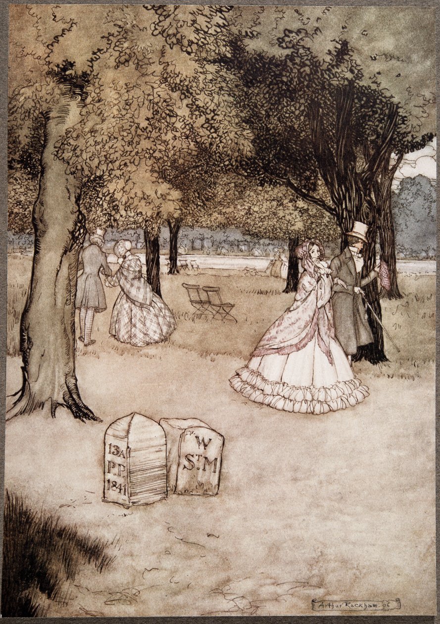 Myslím, že nejdojemnějším pohledem v Gardens jsou dva náhrobky Waltera Stephena Matthewse a Phoebe Phelps... od Petera Pana v Kensington Gardens od J. M. Barrieho (1860 - 1937), hospoda. od Arthur Rackham