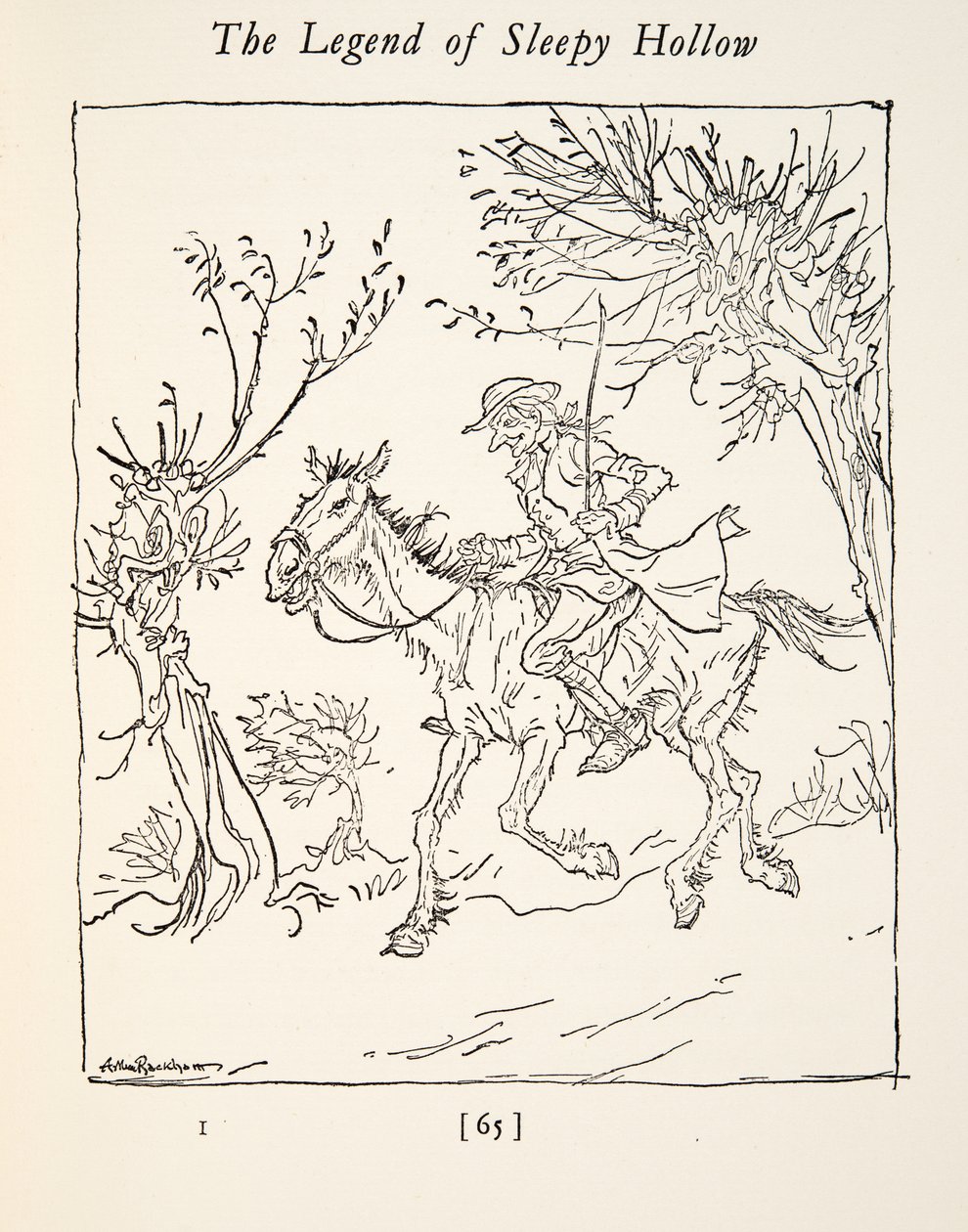 Ichabod Crane uniká před bezhlavým jezdcem, z Legendy o ospalé prohlubni od Washingtona Irvinga (1783 - 1859), hospoda. 1928 od Arthur Rackham