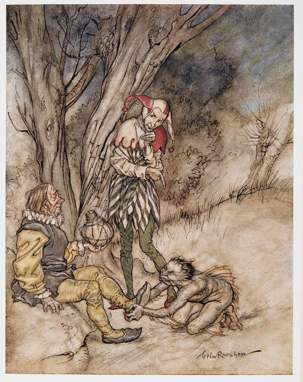 Ill kiss they foot: Přísahám si téma, ilustrace z Williama Shakespeara Bouře, hospoda. 1926 od Arthur Rackham