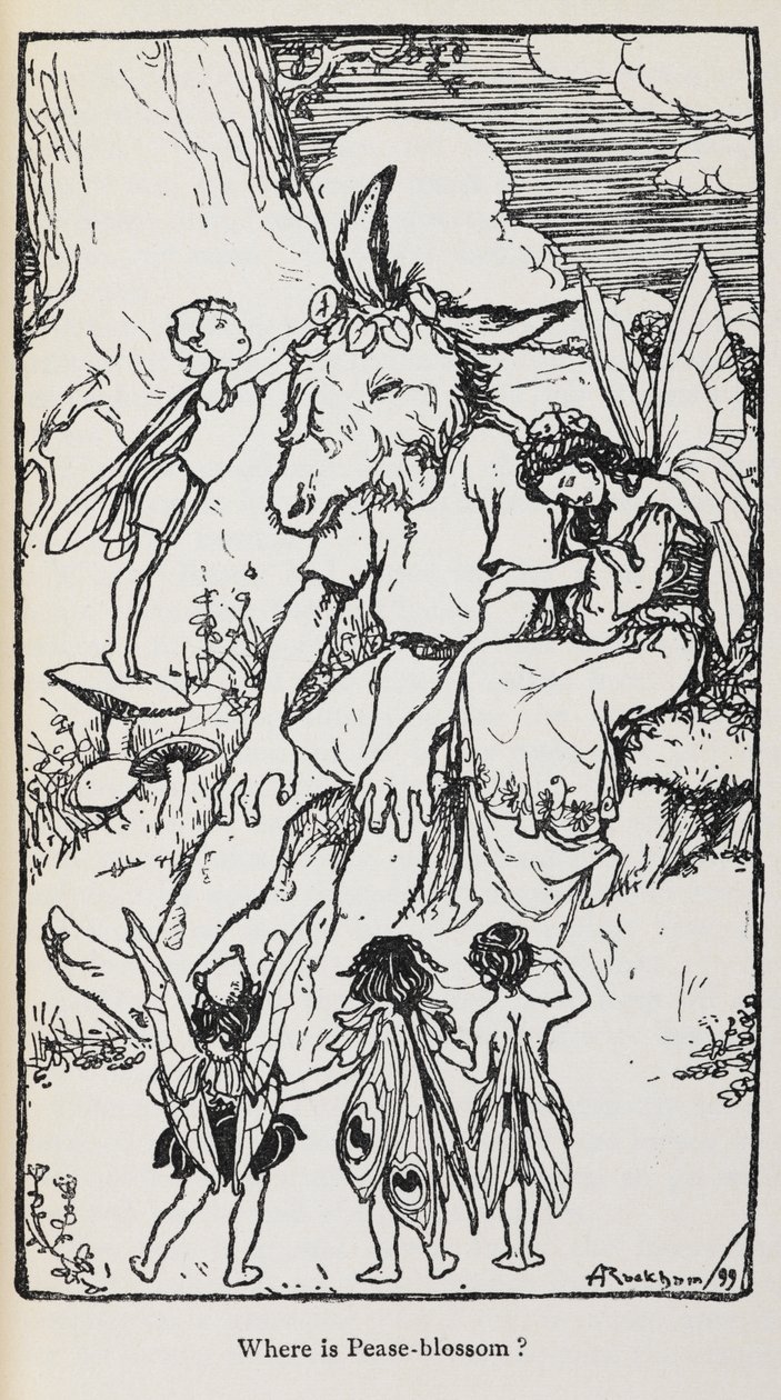 Ilustrace ze Snu noci svatojánské s vílami a mužem s oslí hlavou. od Arthur Rackham