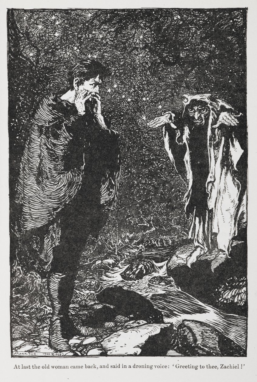 Ilustrace od Jorindy a Joringela ze Zachiel a staré ženy. od Arthur Rackham