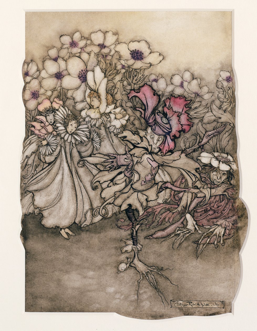 Ilustrace od Petera Pana v Kensington Gardens od J. M. Barrieho (1860-1937) 1906 (pero a inkoust s wc na papíře) od Arthur Rackham
