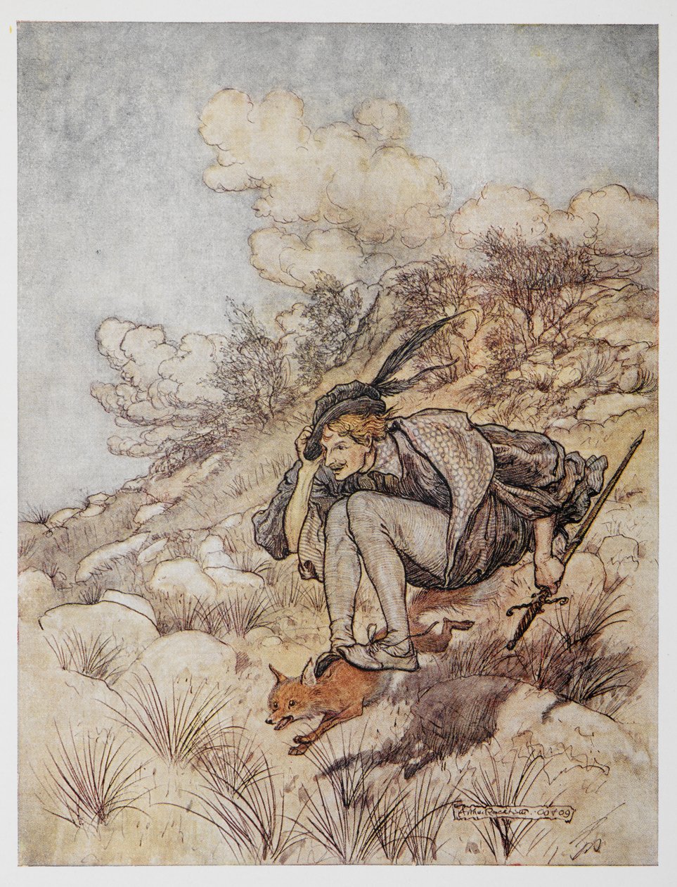 Ilustrace ze Zlatého ptáka. Princ jedoucí na lišce. od Arthur Rackham