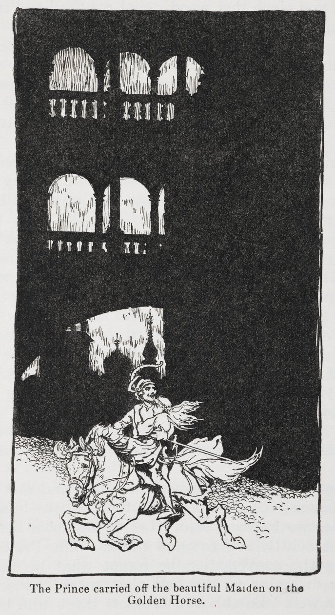Ilustrace ze Zlatého ptáka, kdy princ unáší dívku na koni. od Arthur Rackham