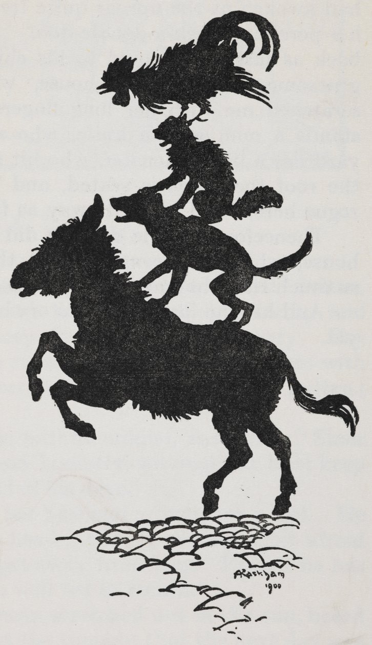 Ilustrace z Brémských hudebníků osla, psa, kočky a kohouta. od Arthur Rackham