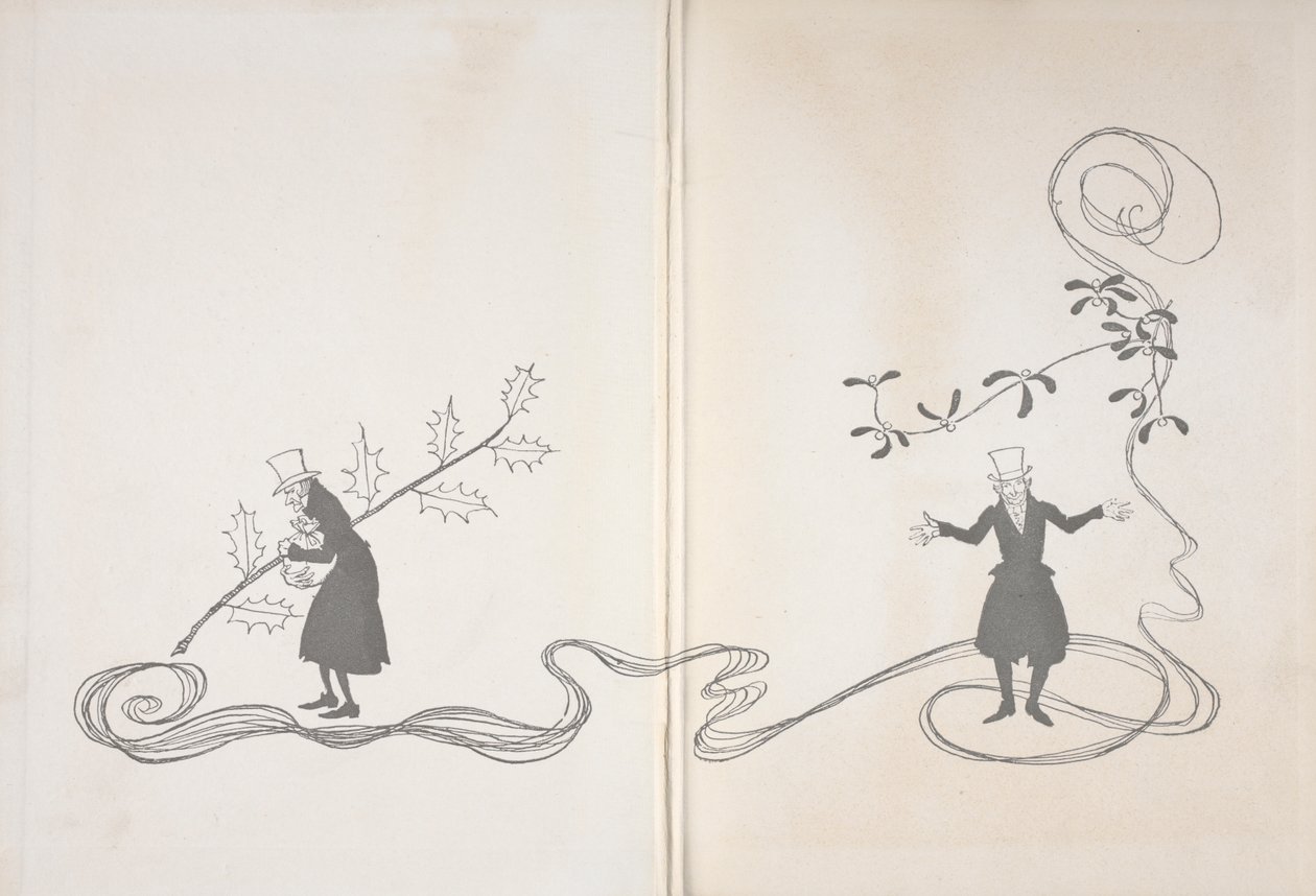 Ilustrace Scrooge. Na jedné straně je zobrazen snítkou cesmíny, jak svírá pytel s penězi a vypadá naštvaně. Na druhé straně je zobrazen se snítkou jmelí, která vypadá šťastně. od Arthur Rackham