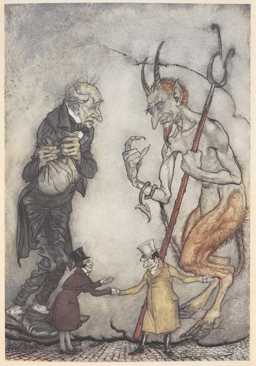 Ilustrace Scrooge a ďábla budou dva malí muži pod nimi od Arthur Rackham