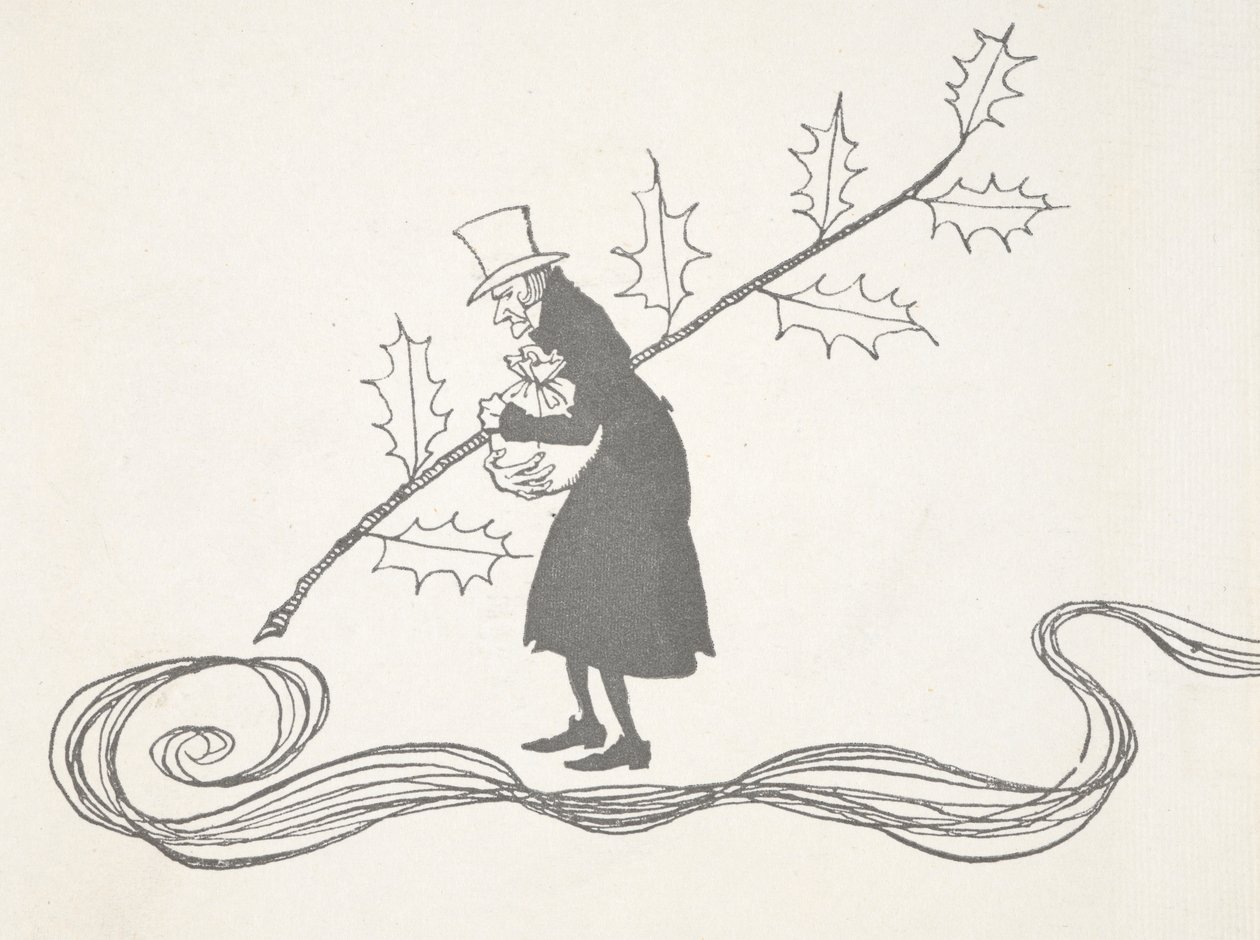 Ilustrace Scrooge, znázorněného snítkou cesmíny, jak svírá pytel peněz a vypadá naštvaně. od Arthur Rackham