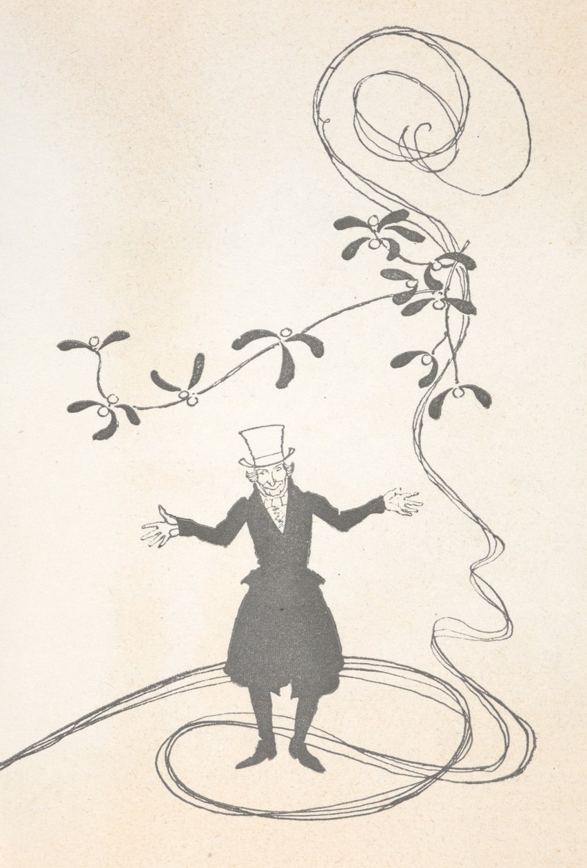 Ilustrace Scrooge, zobrazený se snítkou jmelí, která vypadá šťastně. od Arthur Rackham