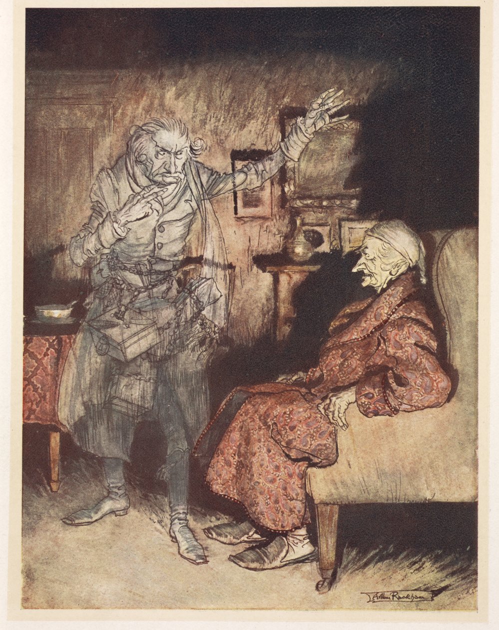 Ilustrace Scrooge s duchem minulých Vánoc od Arthur Rackham