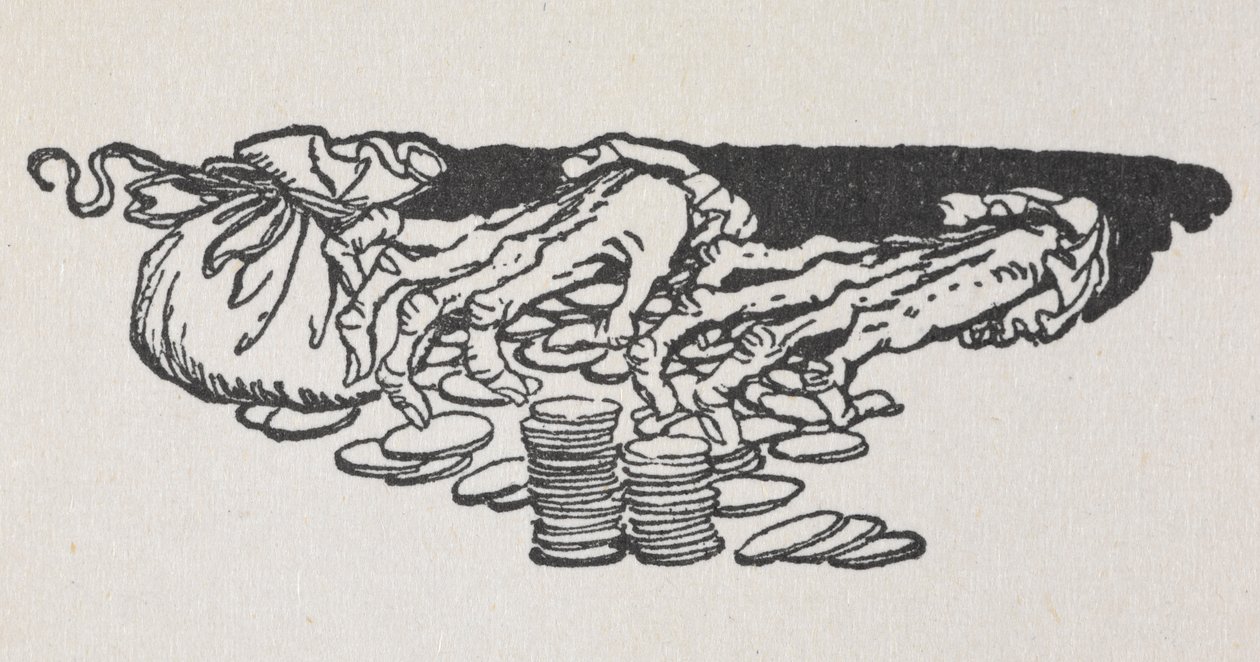 Ilustrace Scroogeových rukou počítání peněz od Arthur Rackham