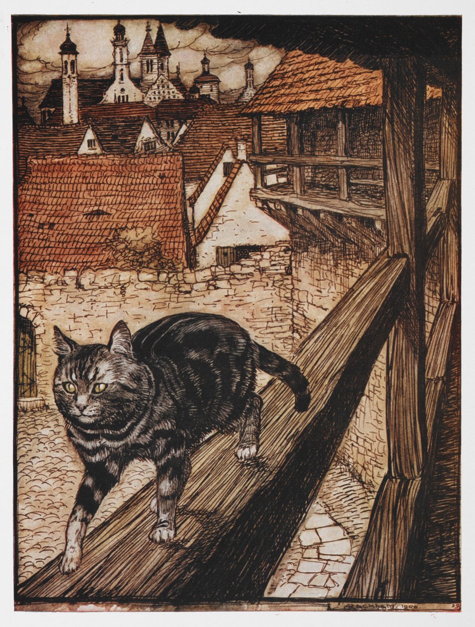 Ilustrace kočky kráčející podél plotu z filmu Kočka a myš v partnerství. od Arthur Rackham