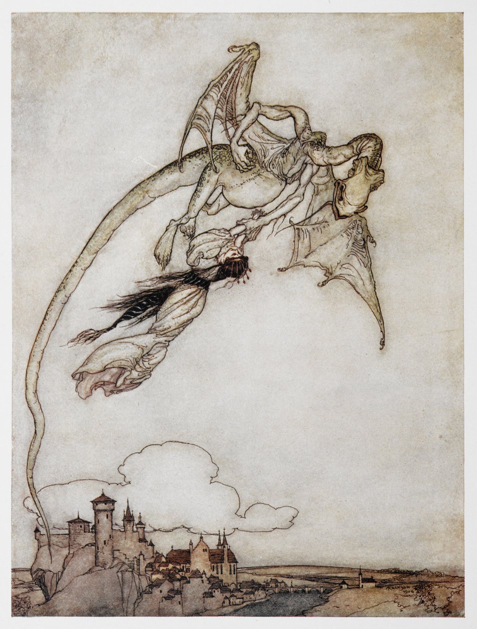 Ilustrace draka odnášejícího princeznu ze Čtyři chytří bratři. od Arthur Rackham