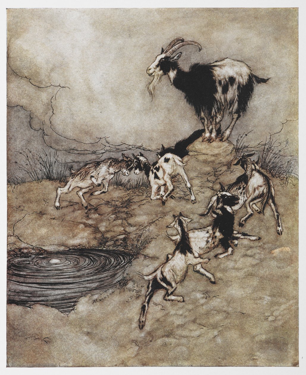 Ilustrace kozy a jejích malých dětí hrajících si z filmu Vlk a sedm dětí. od Arthur Rackham