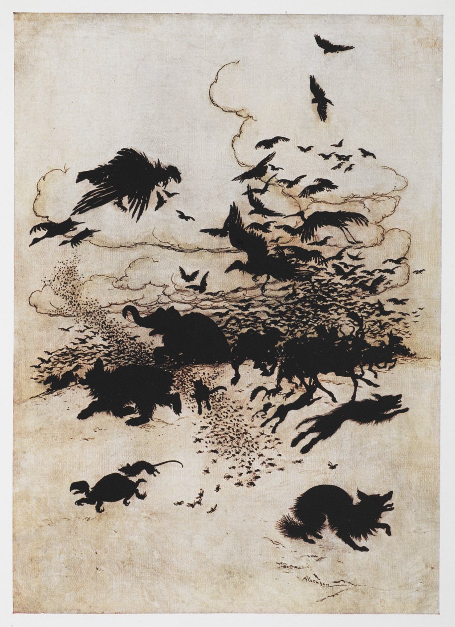 Ilustrace tlačenice zvířat z filmu The Wren and the Bear. od Arthur Rackham
