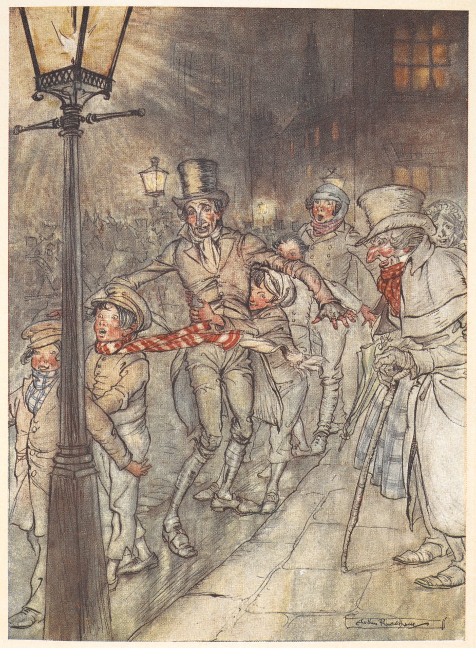 Ilustrace pouliční scény na Štědrý den s Bobem Cratchitem a dětmi. od Arthur Rackham