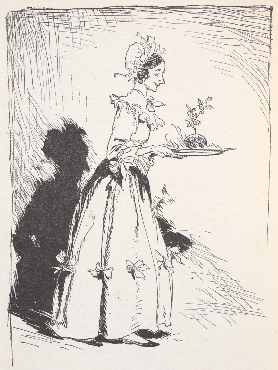 Ilustrace ženy nesoucí vánoční pudink od Arthur Rackham