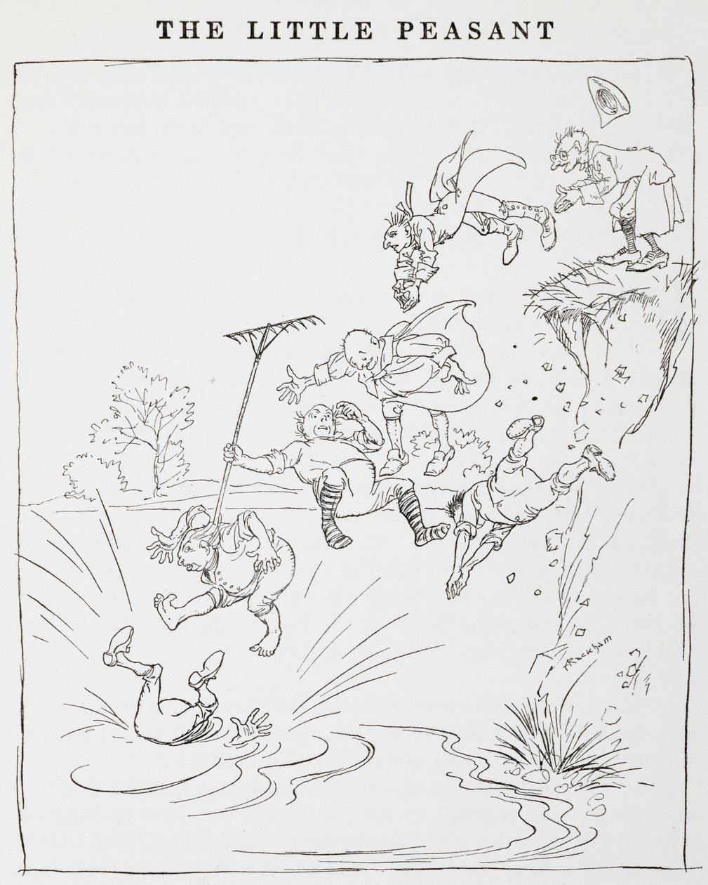 Ilustrace mužů skákajících z útesu do rybníka z filmu Malí rolníci. od Arthur Rackham
