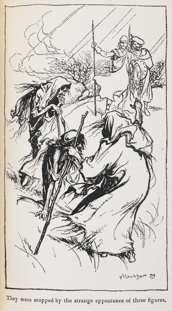 Ilustrace tří čarodějnic, Macbeth a Banquo. od Arthur Rackham