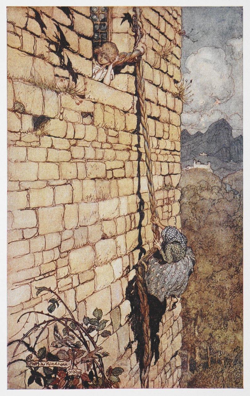 Ilustrace čarodějnice šplhající po Rapunzeliných vlasech. od Arthur Rackham