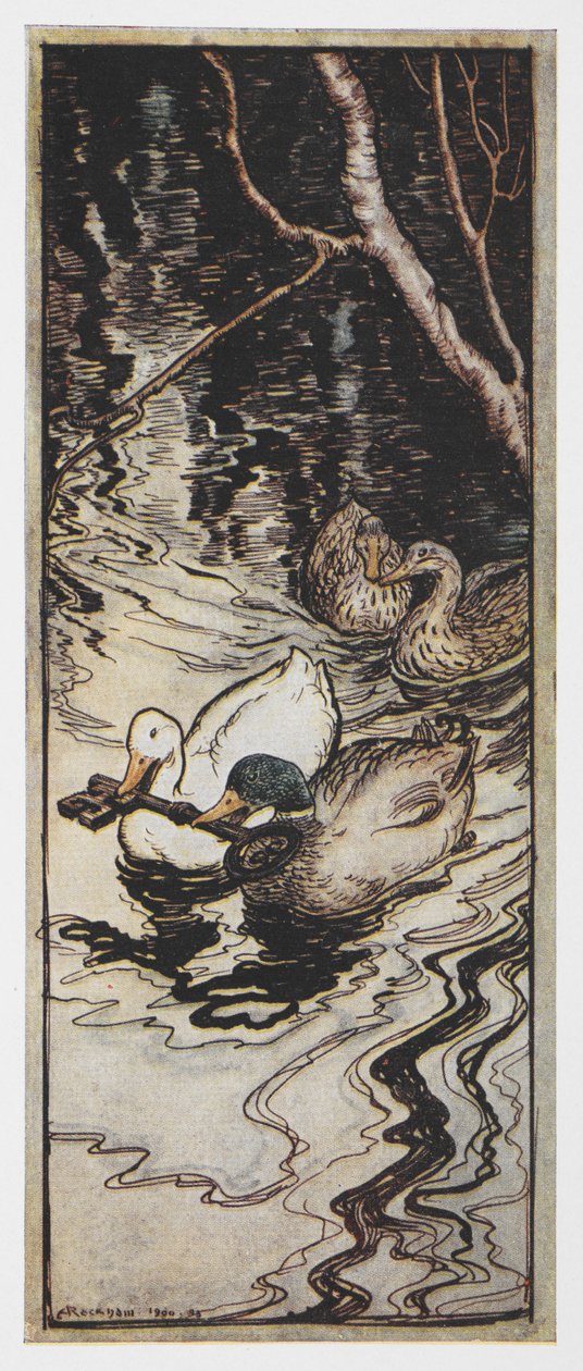 Ilustrace dvou kachen nesoucích klíč od The Queen Bee. od Arthur Rackham