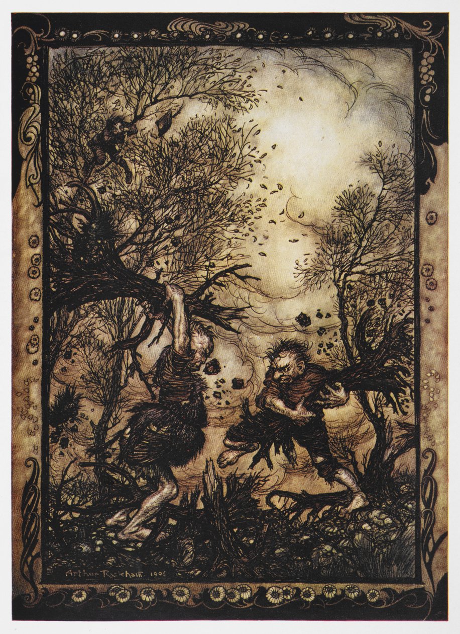 Ilustrace dvou obrů bojujících se stromy z The Valiant Tailor. od Arthur Rackham