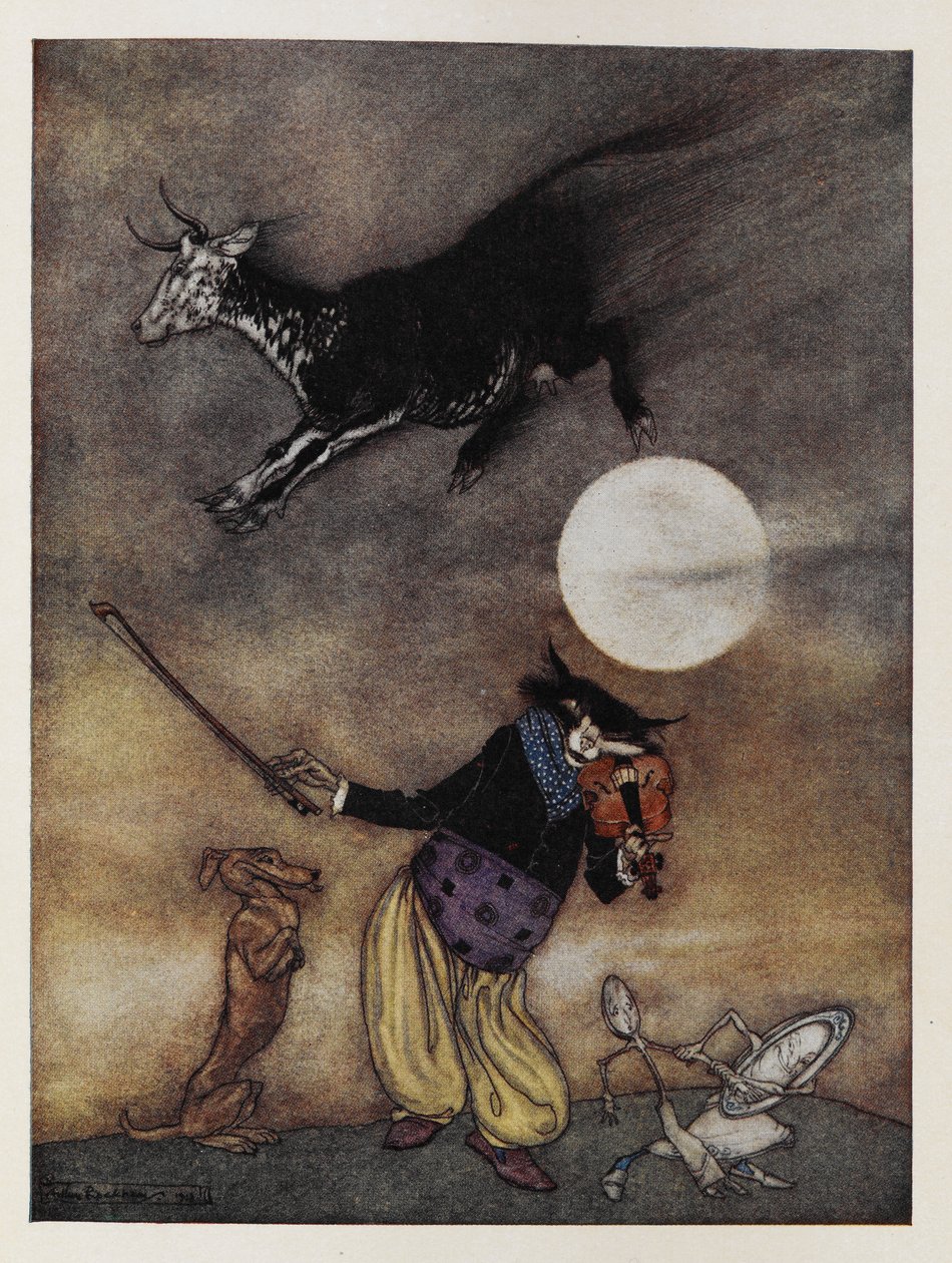 Ilustrace na rhmym školky. Kráva skákala přes měsíc. Kočka hrající housle. Pes. Jídlo utíkané lžičkou. od Arthur Rackham